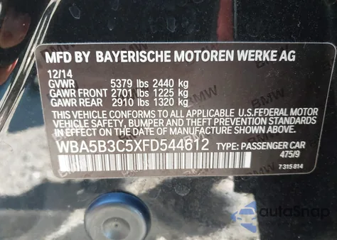 2015 BMW 535I xDrive из США, поврежденный, VIN WBA5B3C5XFD544612